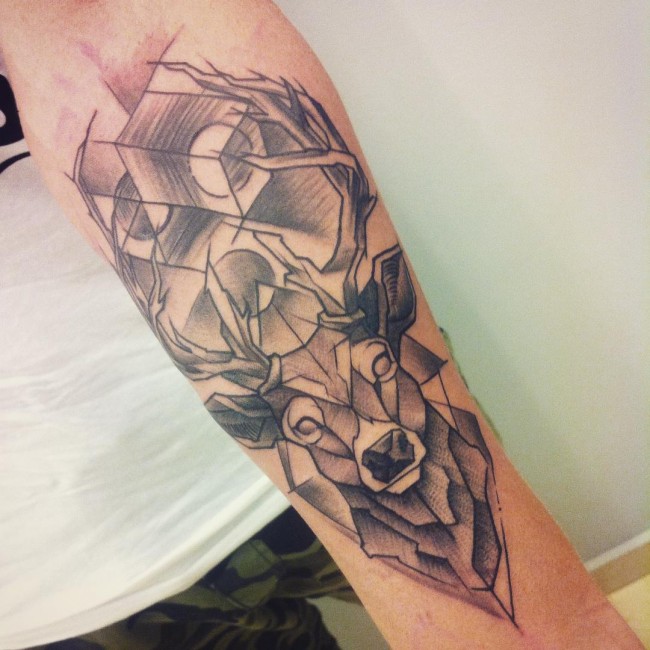 Grey Ink Deer Tattoo On Arm Sleeve