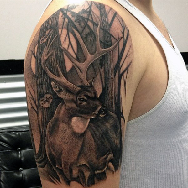 Grey Ink Deer Tattoo On Right Half Sleeve