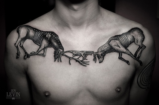 Grey Ink Deer Tattoos on Chest For Men