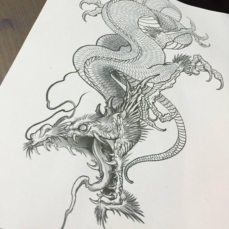 Grey Ink Dragon Tattoo Design By Elvin