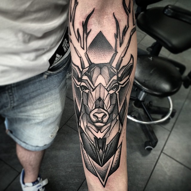 Grey Ink Geometric Deer Tattoo On Left Forearm