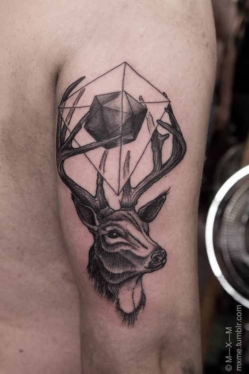 Grey Ink Geometric Deer Tattoo On Right Bicep