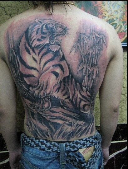 Grey Ink Japanese Tiger And Bamboo Tree Tattoos On Back