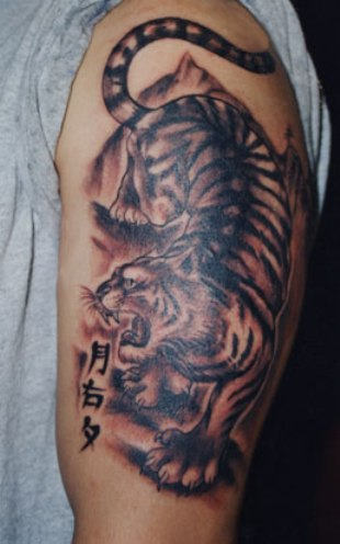 Grey Ink Japanese Tiger Tattoo On Left Half Sleeve