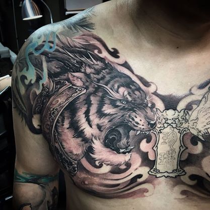 Grey Ink Roaring Tiger Tattoo On Man Chest