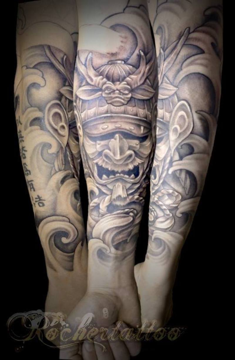 Grey Ink Samurai Mask Tattoo On Right Forearm