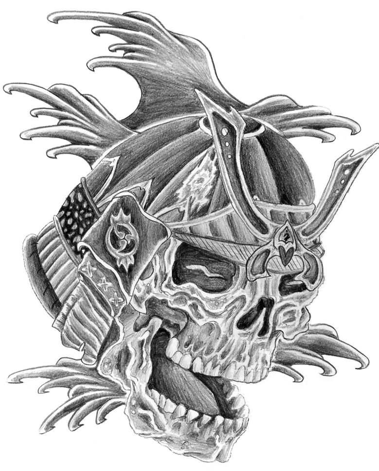Grey Ink Samurai Skull Tattoo Design