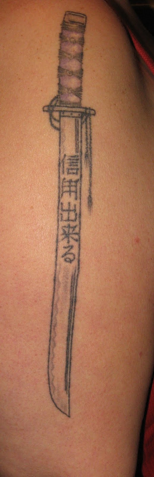 Grey Ink Samurai Sword Tattoo Design For Left Half Sleeve