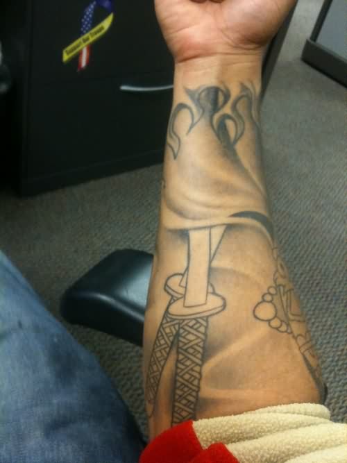 Grey Ink Samurai Sword Tattoo On Right Forearm