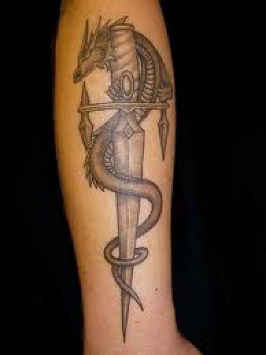 Grey Ink Samurai Sword With Dragon Tattoo Design For Sleeve