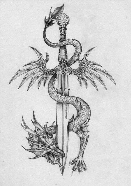 Grey Ink Samurai Sword With Dragon Tattoo Design