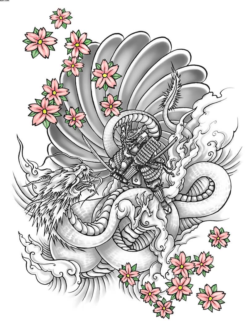Grey Ink Samurai With Dragon Tattoo Design