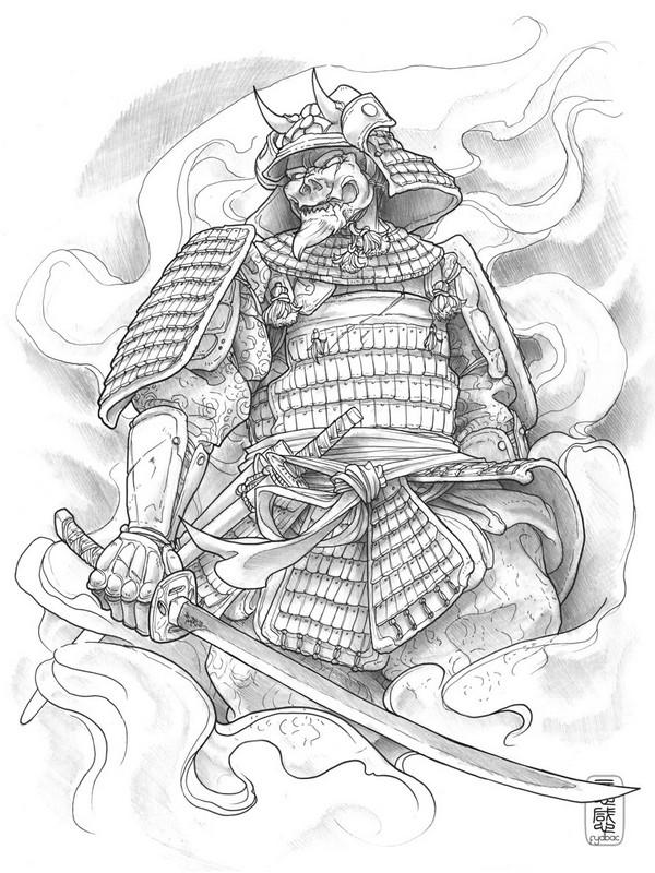 Grey Ink Samurai With Sword Tattoo Design