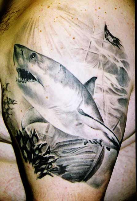 Grey Ink Shark Tattoo On Man Left Half Sleeve