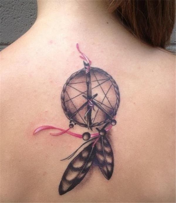 Grey Ink Simple Dreamcatcher Tattoo on Girl Upper Back