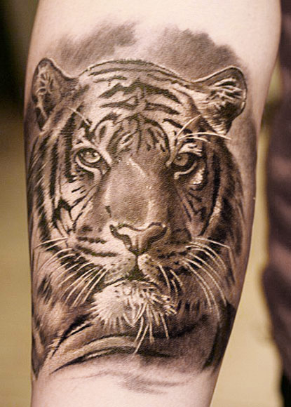 Grey Ink Tiger Face Tattoo On Arm Sleeve