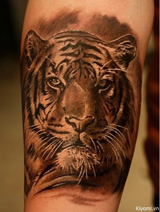 Grey Ink Tiger Head Tattoo On Arm