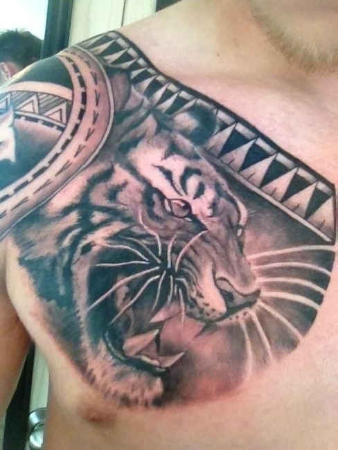 Grey Ink Tiger Head Tattoo On Chest