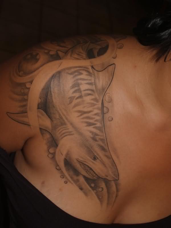 Grey Ink Tiger Shark Tattoo On Women Right Front Shoulder