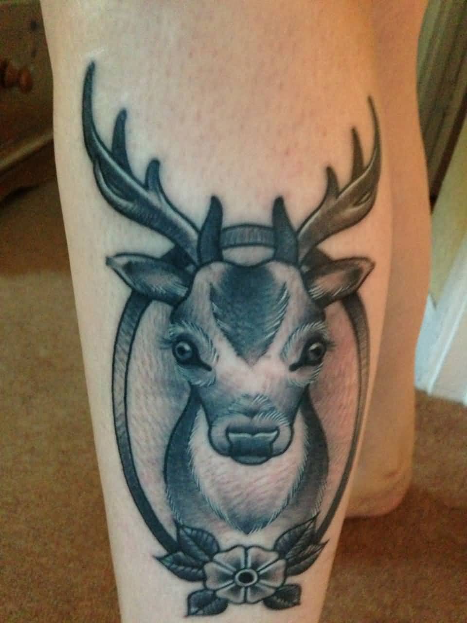 Grey Ink Traditional Deer Tattoo On Side Leg