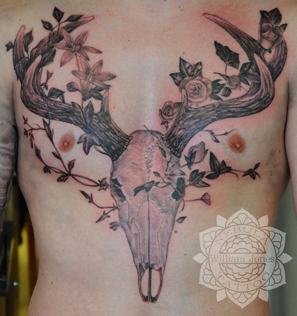 Grey Roses Ad Deer Skull Tattoo On Chest