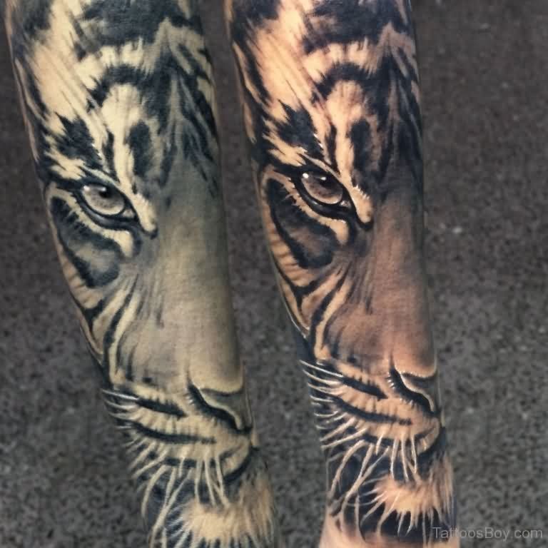 Grey Tiger Tattoos On Arm Sleeve