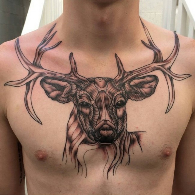 Grey Tribal Deer Head Tattoo On Man Chest