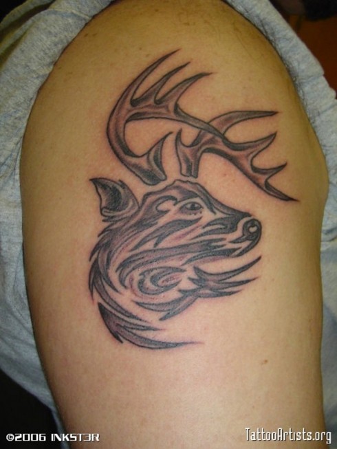 Grey Tribal Deer Tattoo On Right Shoulder