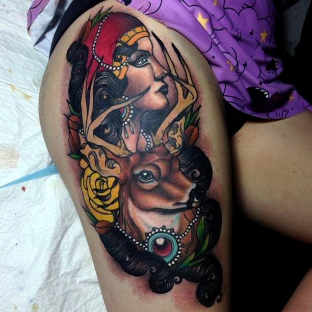 Gypsy Girl And Deer Head Tattoo On Thigh