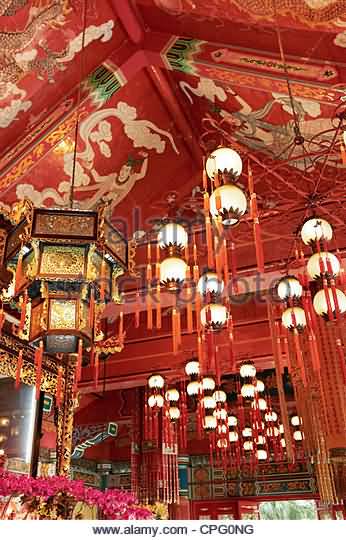 Hanging Lanterns Inside The Po Lin Monastery