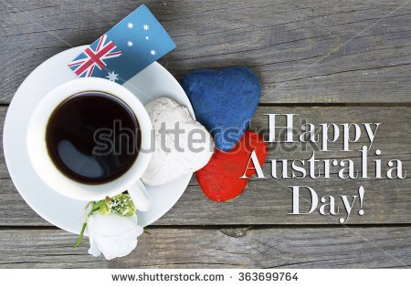 Happy Australia Day Heart Shaped Cookies Red, White And Blue With Cup Of Coffee