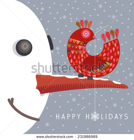 Happy Holiday Cute Colorful Bird Sits On Snowman’s Nose