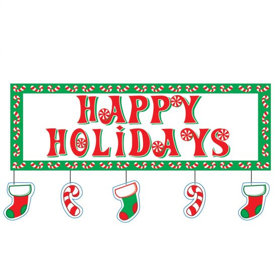 Happy Holidays Hanging Candycanes And Socks Clipart