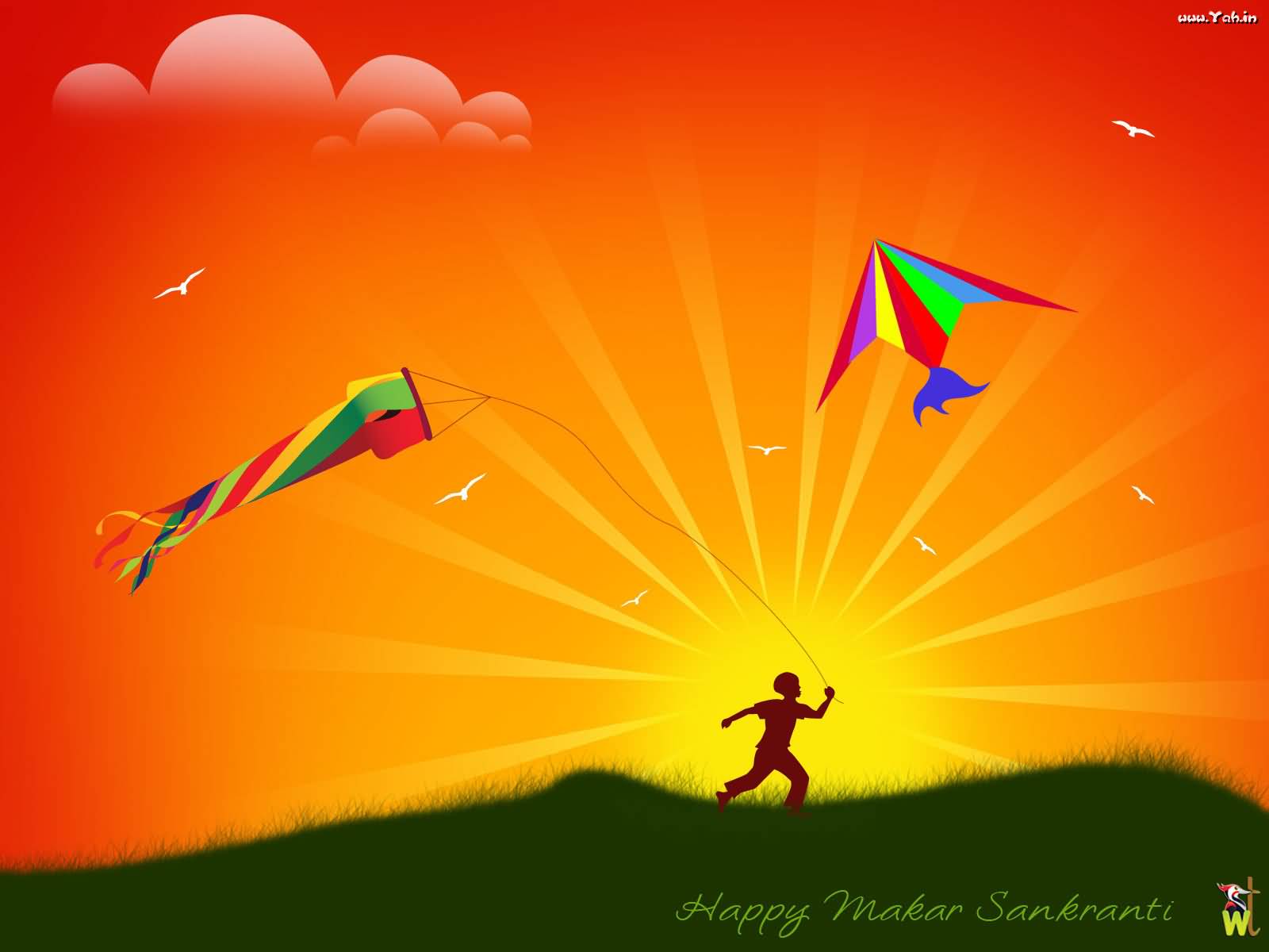 Happy Makar Sankranti Kid Flying Kite Illustration