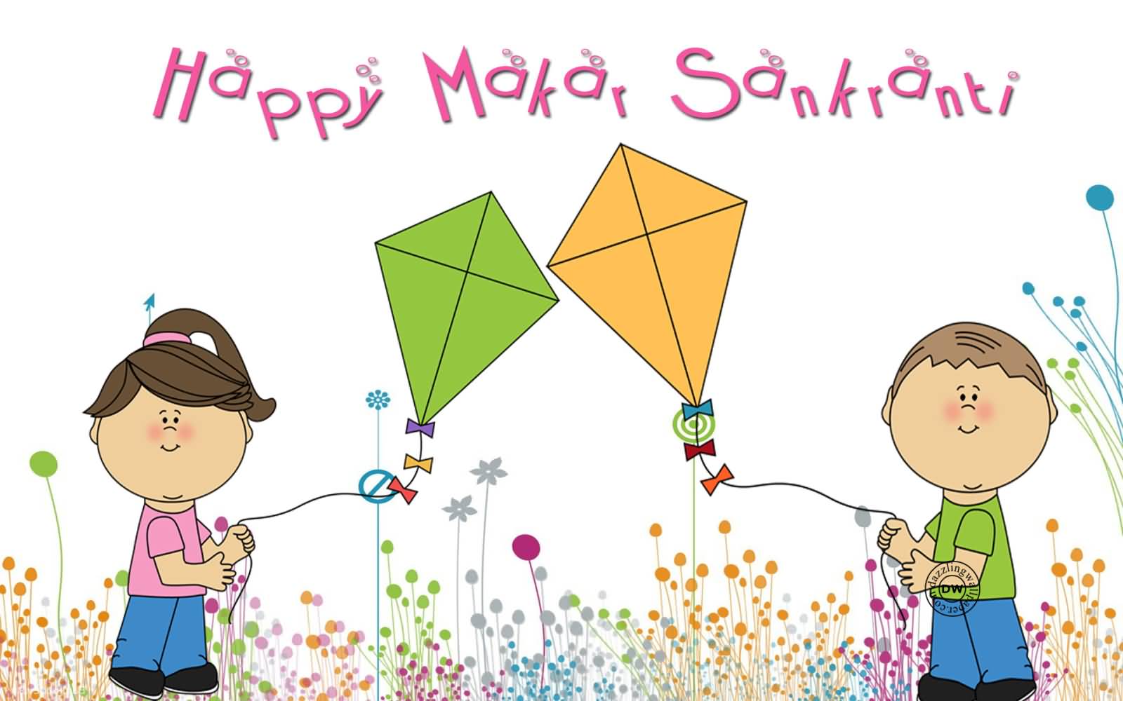 Happy Makar Sankranti Kids With Kites Cartoon Picture
