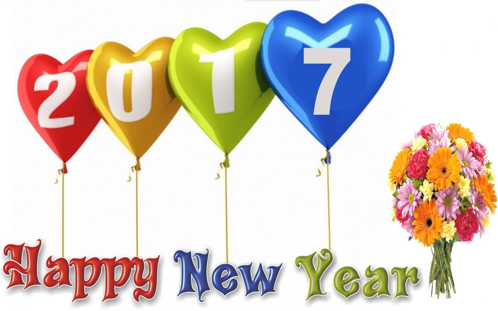 Happy New Year 2017 Balloons And Flowers Bouquet
