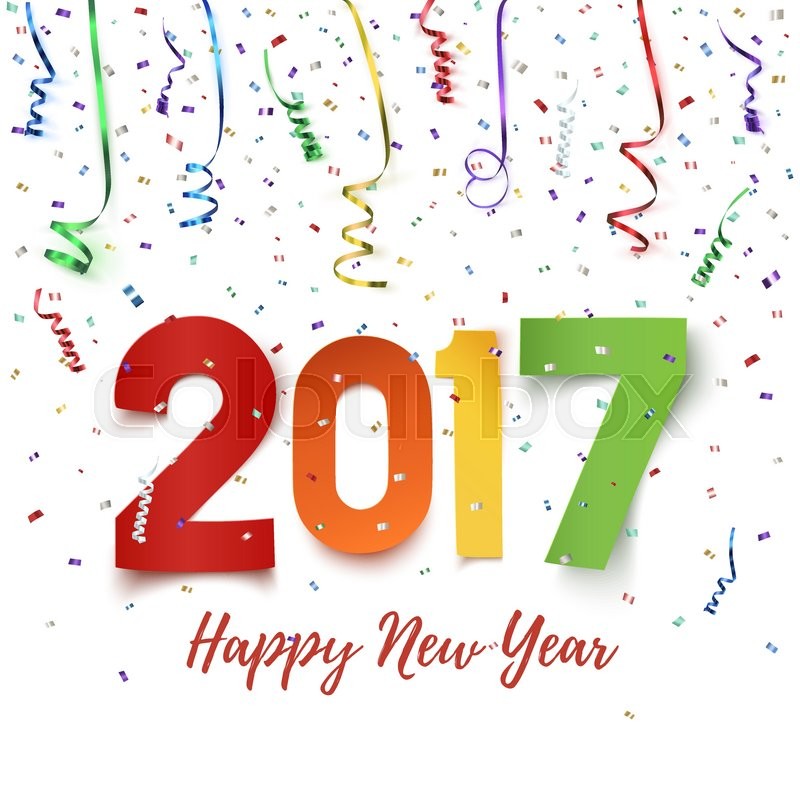 Happy New Year 2017 Ribbons And Confetti On White Background