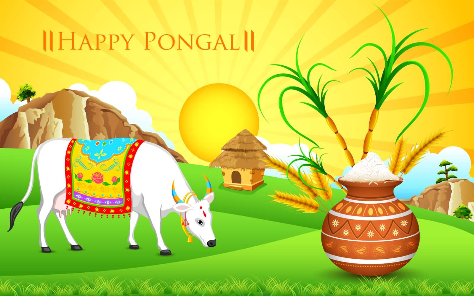 Happy Pongal Sunrise, Cow, Hut And Pot Illustration