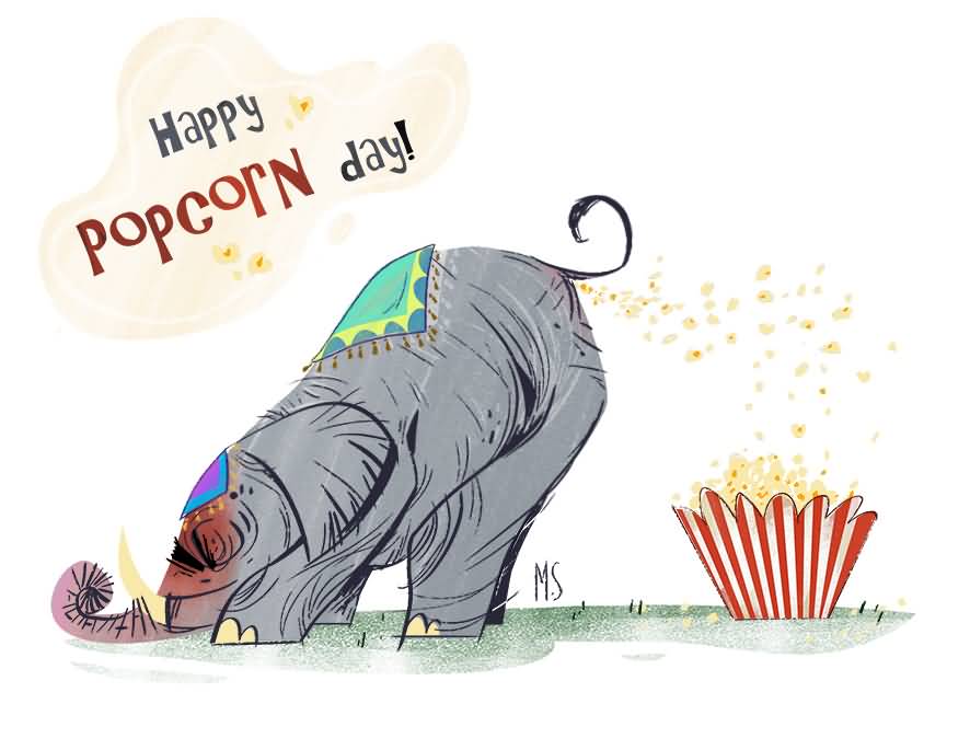 Happy Popcorn Day Elephant And Popcorn Bucket Illustration