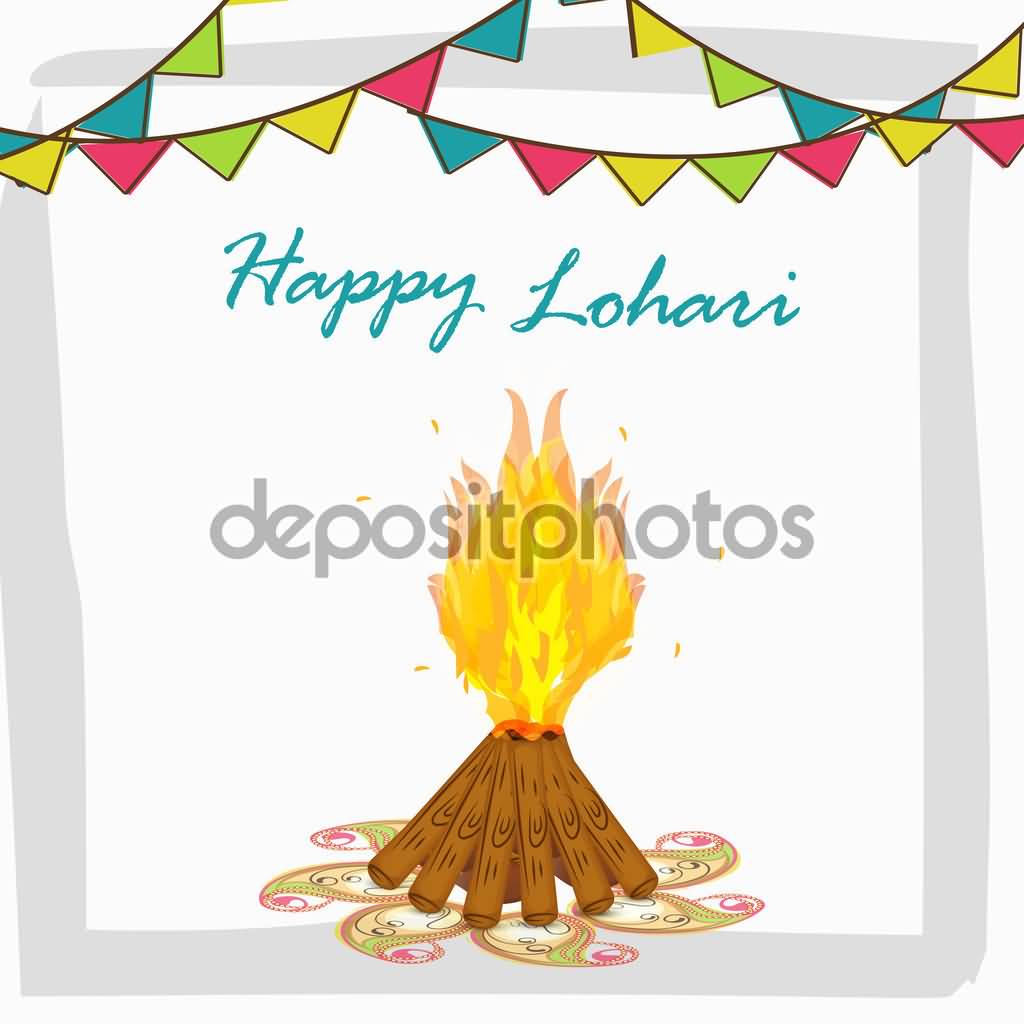 Happy Lohri Wishes With Colorful Party Flags Decoration And Bonfire Illustration
