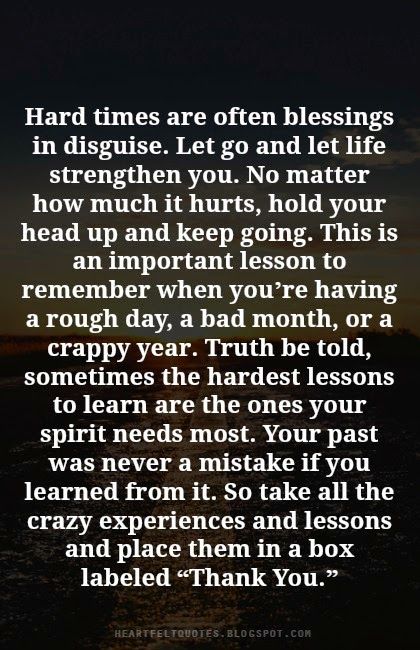 Hard times are often blessings in disguise. Let go and let life strengthen you. No matter how much it hurts, hold your head up and keep going....