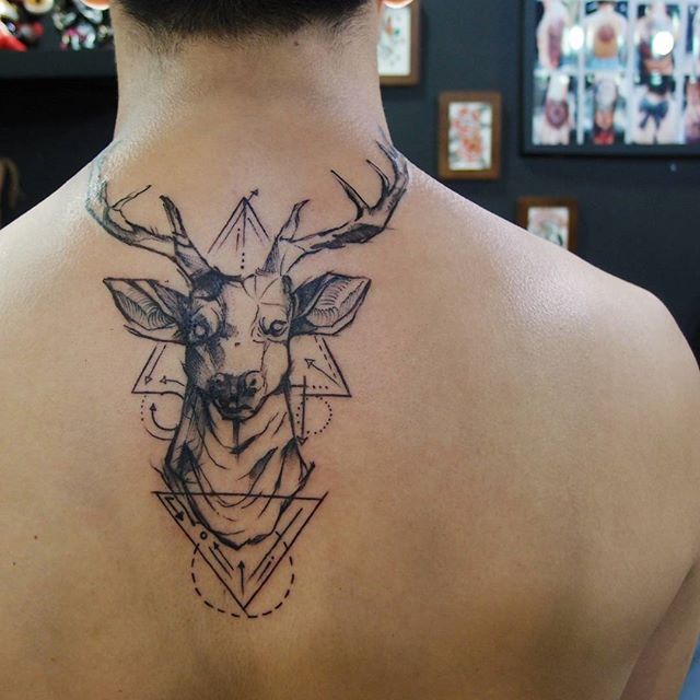 Harry Potter Geometric Deer Tattoo On Upper Back