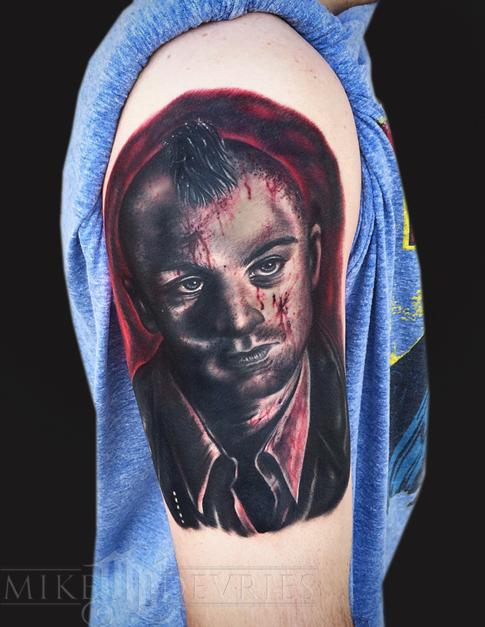 Horror Taxi Driver Head Tattoo On Man Right Half Sleeve By Mike Devries