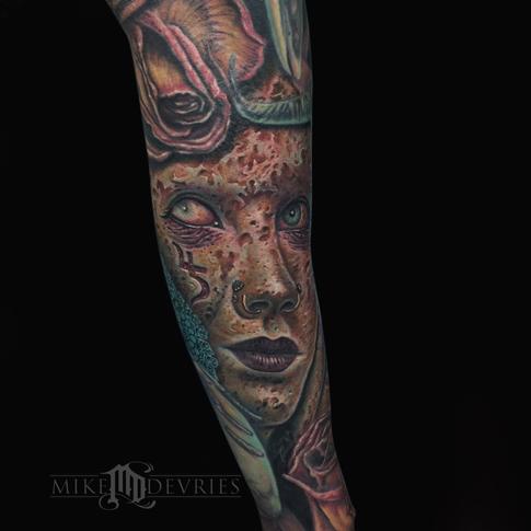 Horror Women Face Tattoo On Sleeve By Mike Devries
