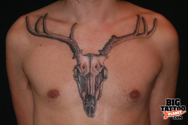Hunting Deer Skull Tattoo On Chest For Men