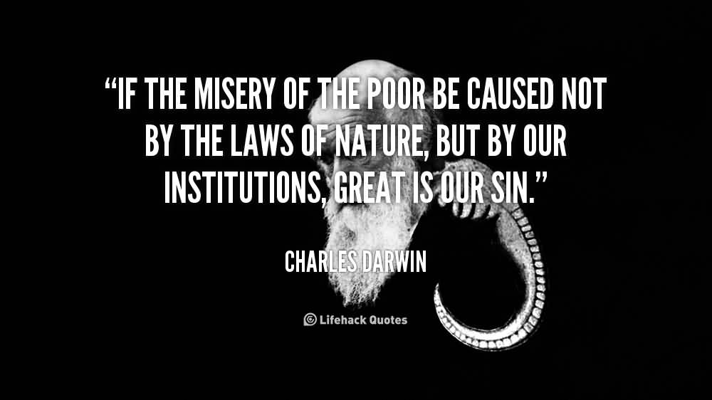 If the misery of the poor be caused not by the laws of nature, but by our institutions, great is our sin. Charles Darwin