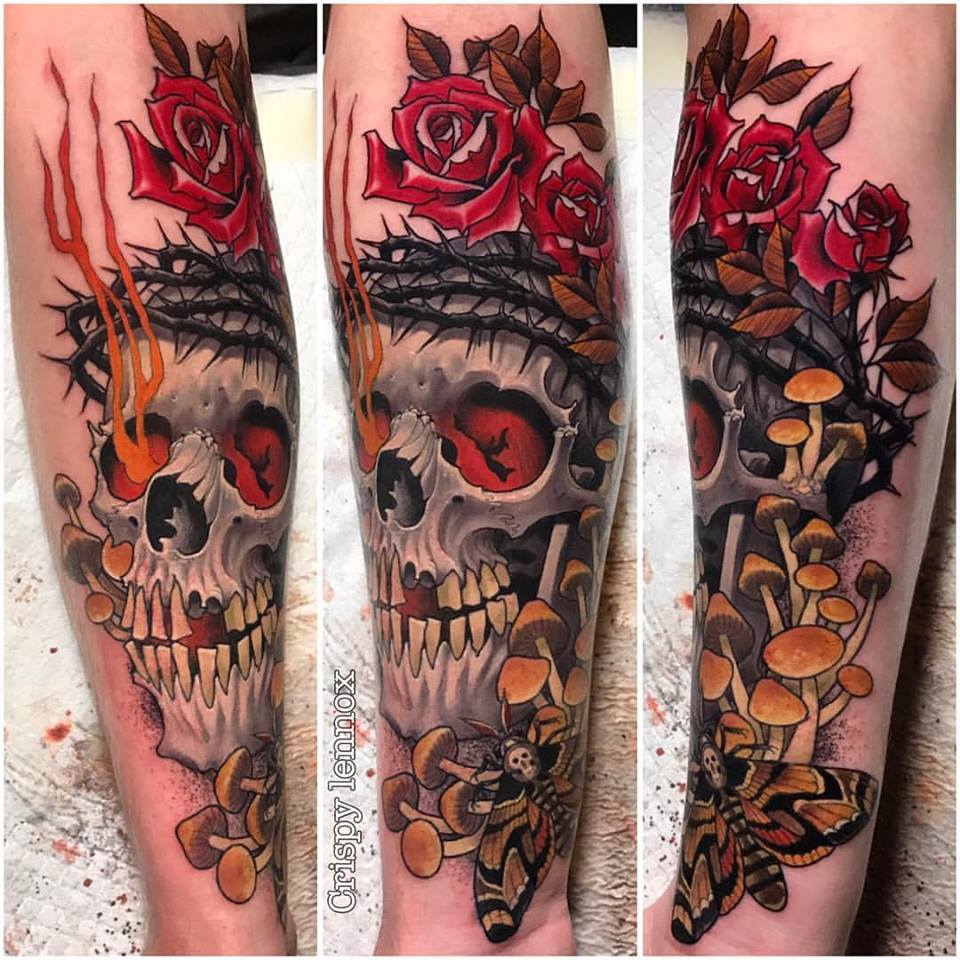 Impressive 3D Skull With Rose Tattoo On Forearm