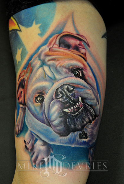 Impressive Bulldog Tattoo On Half Sleeve By Mike Devries