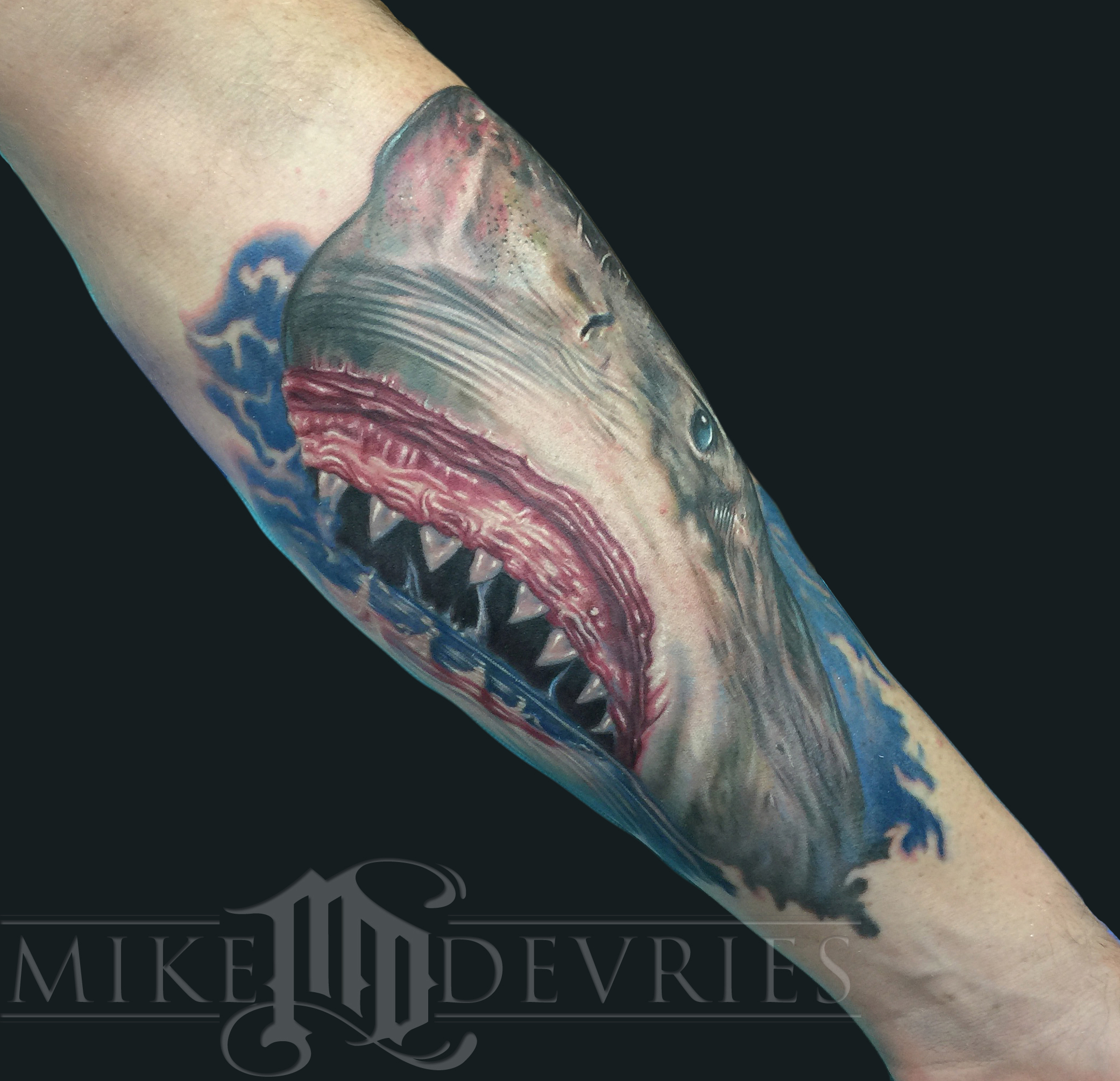 Impressive Evil Shark Tattoo On Left Forearm By Mike Devries