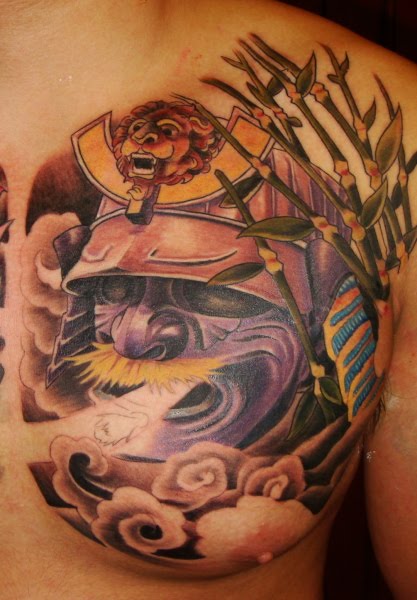 Impressive Samurai Head Tattoo On Man Left Chest